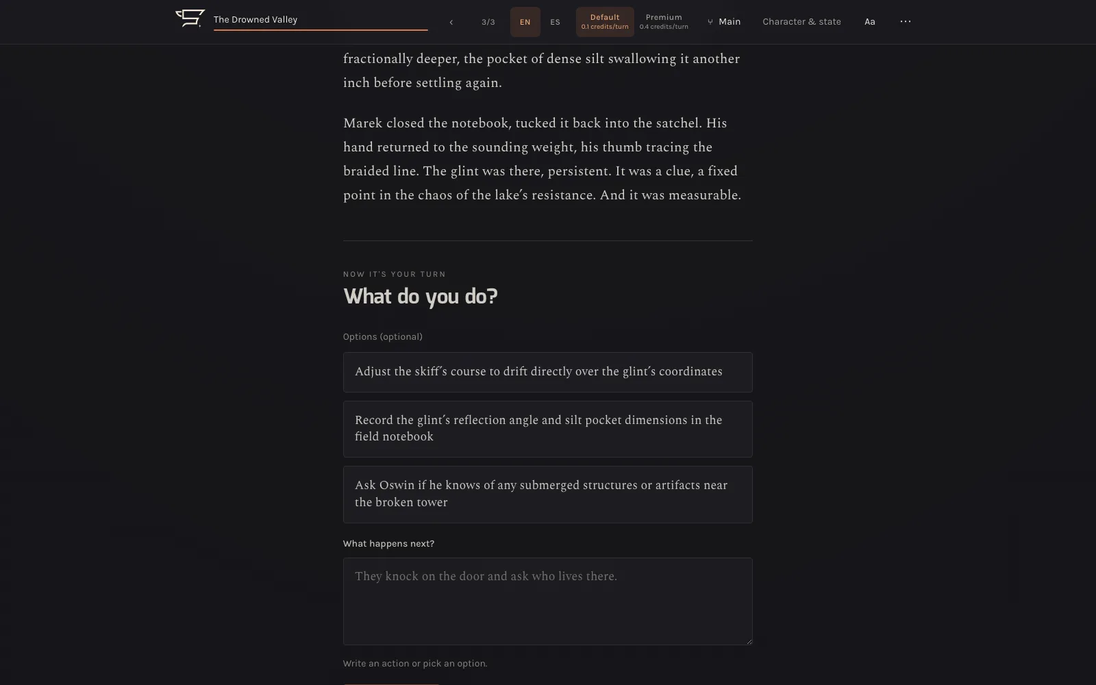 A StoriesForge RPG turn: the scene and three choices