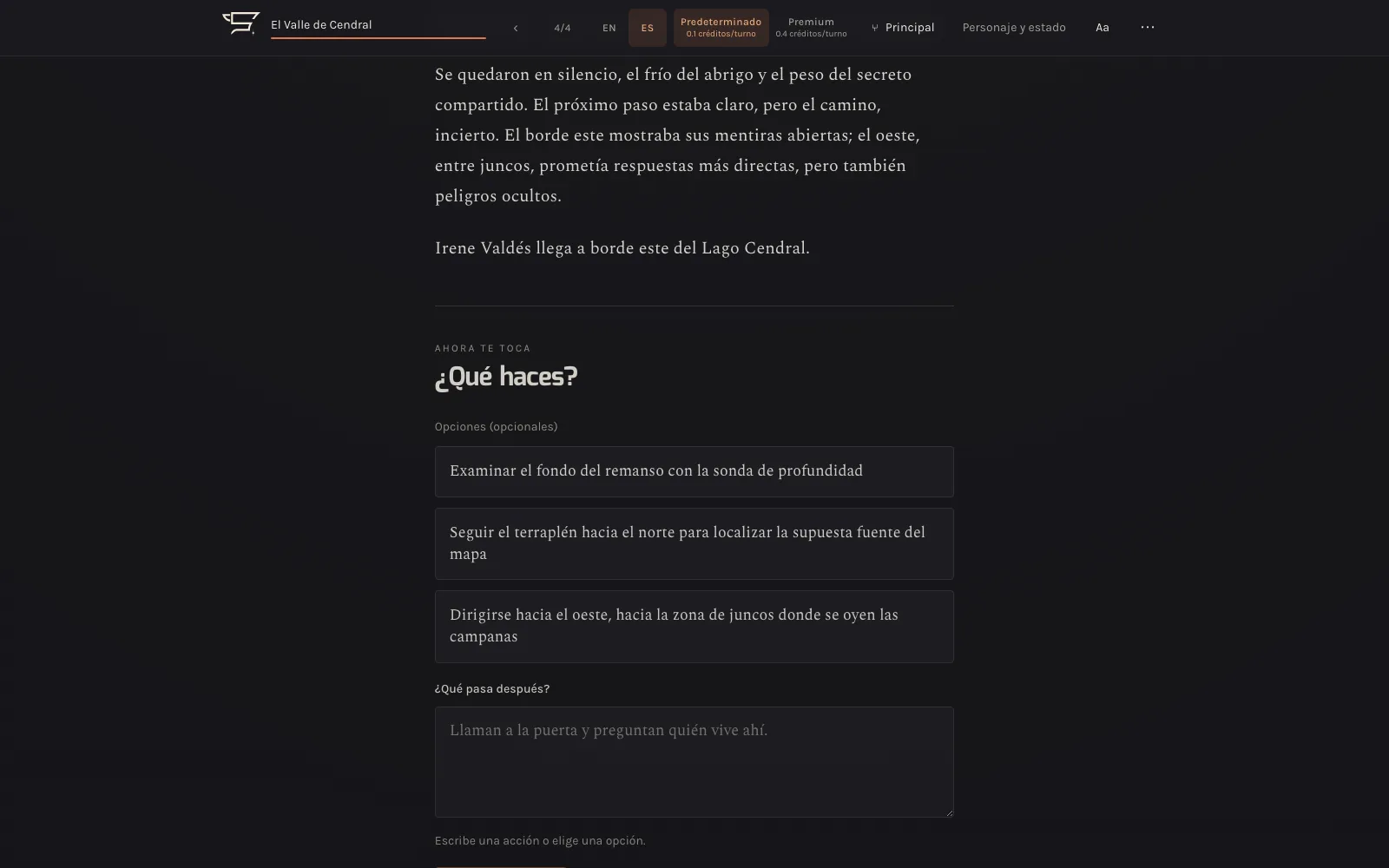 Un turno de rol en StoriesForge: la escena y tres opciones